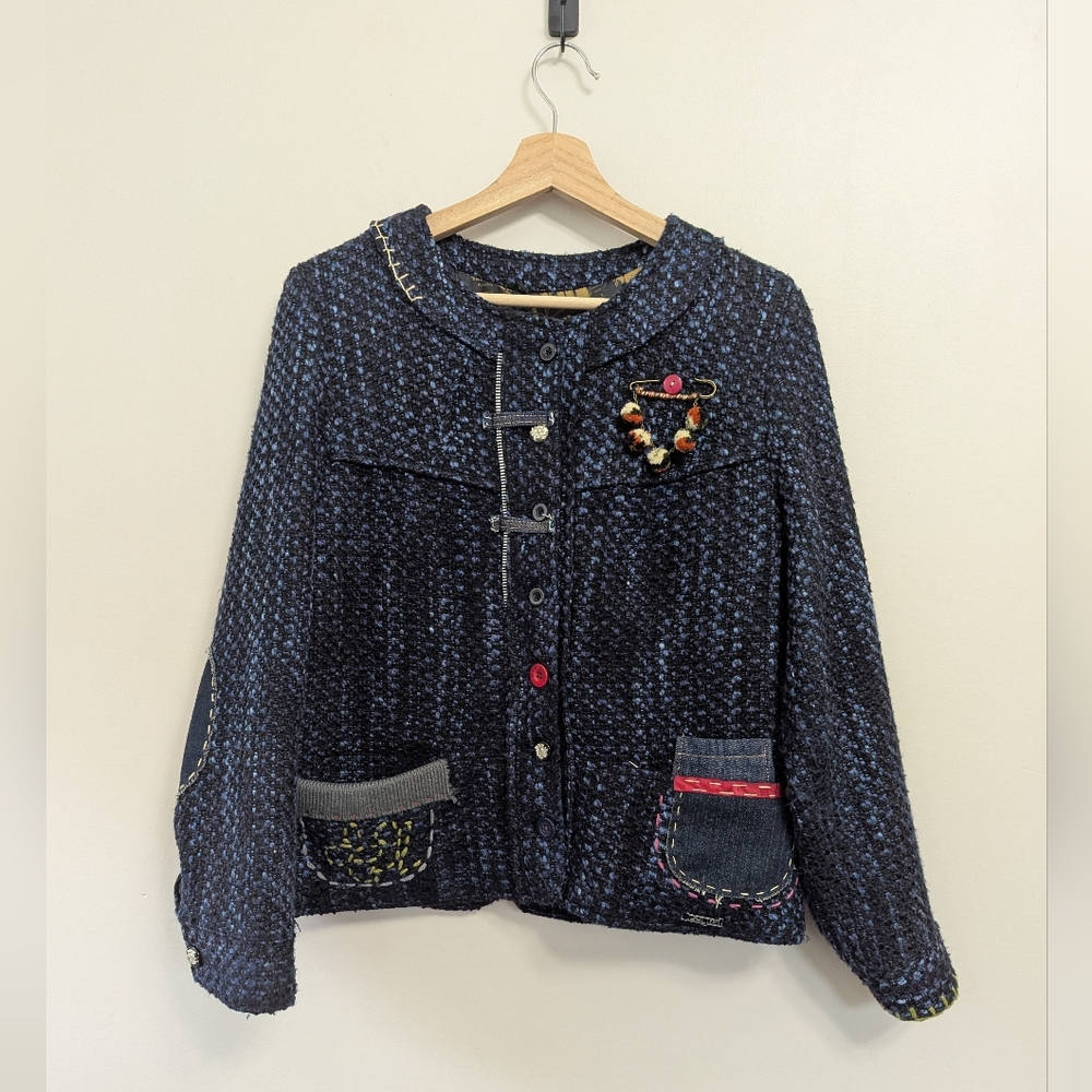 Desigual Navy Blue Mixed Media Tweed Blazer Lady‎ Jacket